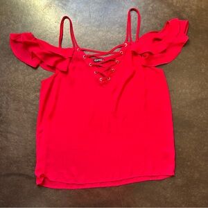 Express Women's Vibrant Red Lace-Up flutter sleeve Blouse- size large